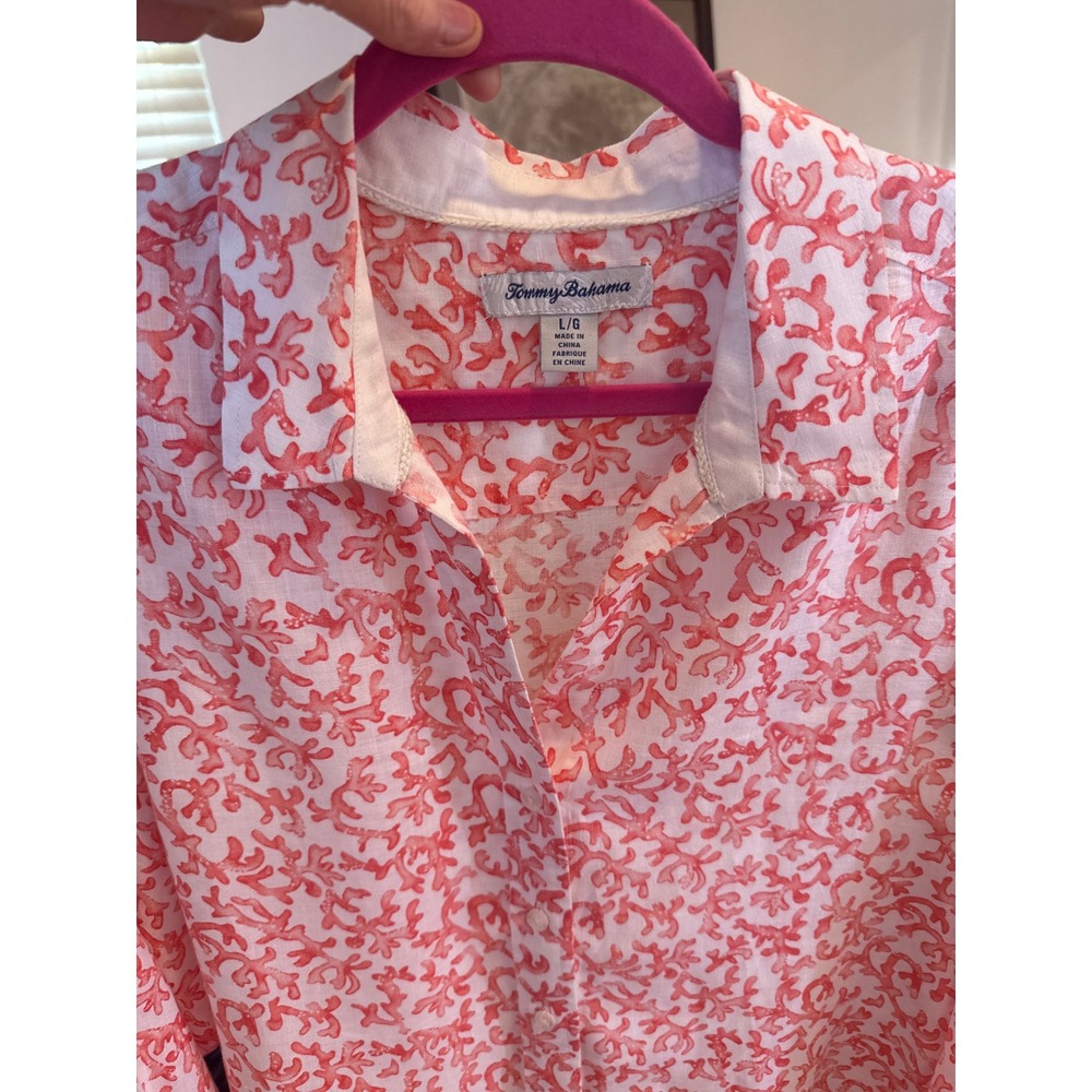 Tommy Bahama Womens Large Linen Blend Coral Reef Print Button Up Shirt Orange. L - Picture 12 of 12